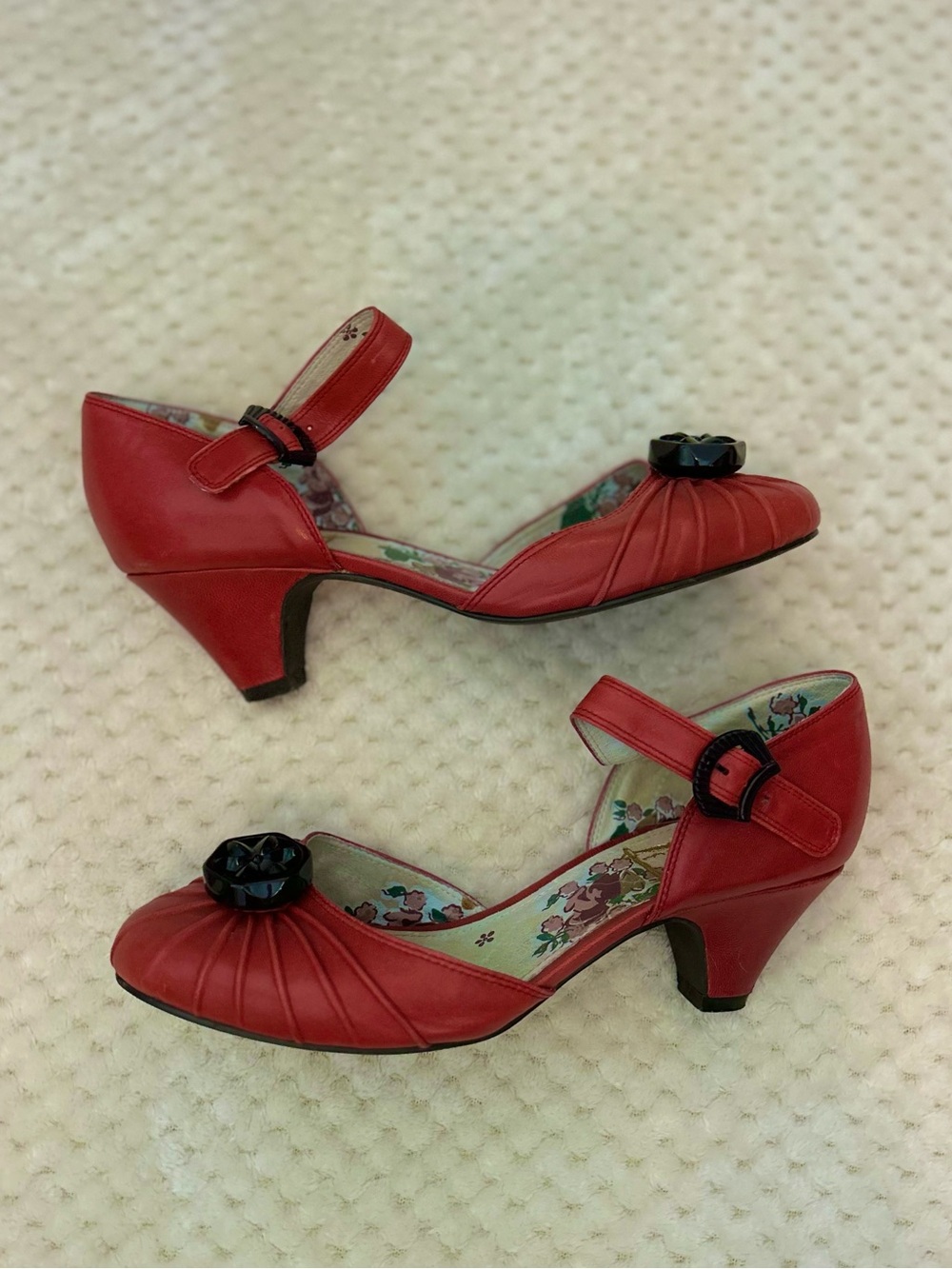Miss L-Fire Red Mary Jane Heels with Black Button Accent